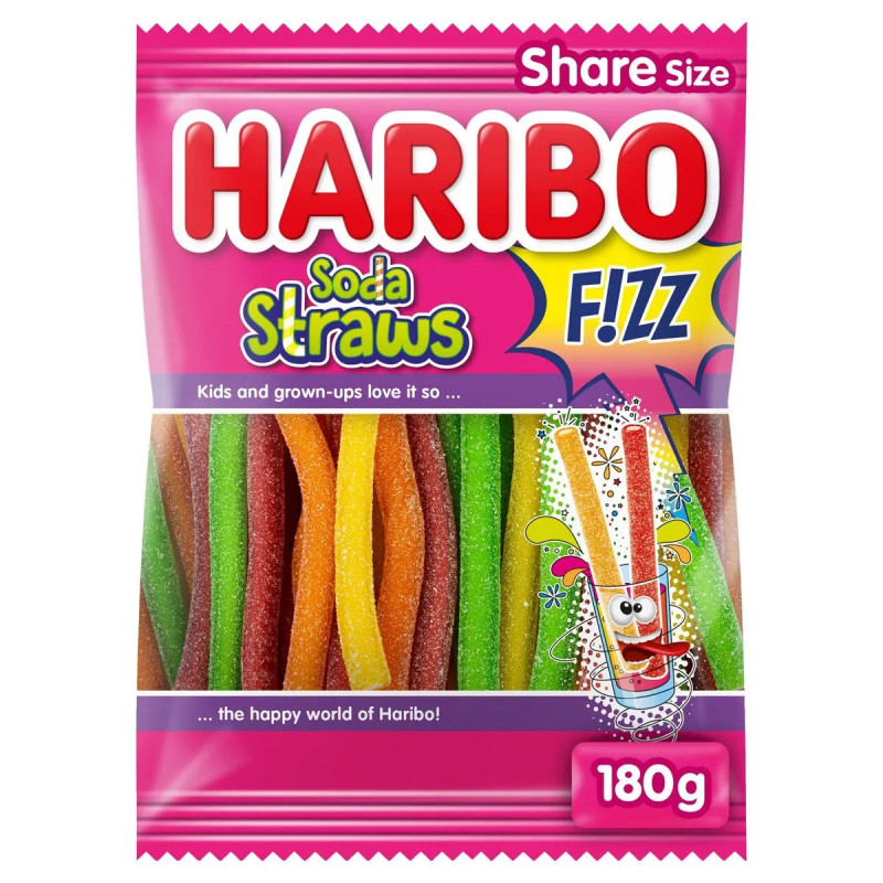 Sachet 180g Haribo Soda Straws Fizz bonbons acidulés goût soda prix discount Liège.