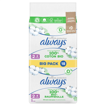 Serviettes Always Cotton Protection Long 18 pièces voile coton bio discount Liège.