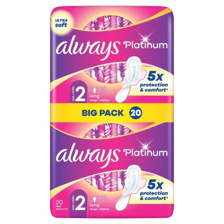 Paquet de 20 serviettes hygiéniques Always Platinum Long Taille 2 protection discount Liège.