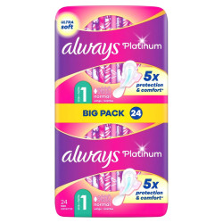 Paquet 24 serviettes Always Platinum Normal Taille 1 protection et confort discount Liège.
