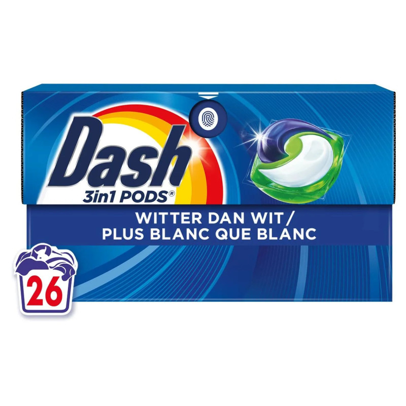 Capsules lessive Dash 3en1 Pods Plus Blanc Que Blanc 26 pièces au prix le plus bas Liège.