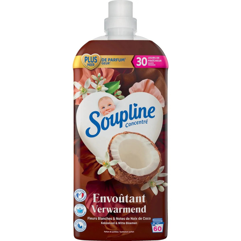 Adoucissant Soupline Fleurs Blanches et Coco 1,28L 60 doses prix discount Province de Liège.