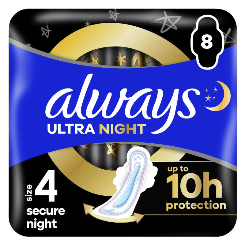 Paquet 8 serviettes Always Ultra Secure Night Taille 4 protection nuit prix discount Liège.