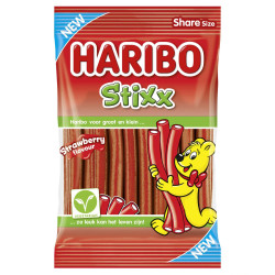 Sachet Haribo Stixx Strawberry 160g bâtonnets gélifiés fraise Papy Discount Liège.
