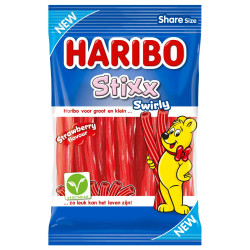 Sachet Haribo Stixx Swirly Strawberry 160g sticks fraise torsadés Papy Discount Liège.