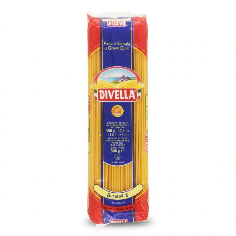 Paquet de pâtes Divella Bucatini n°6 500g cuisine italienne discount Liège.