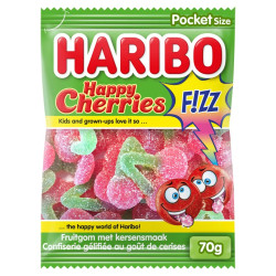 Sachet bonbons Haribo Happy Cherries Fizz 70g cerise acidulée prix discount province de Liège.