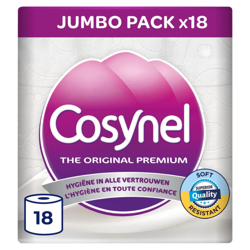 Pack 18 rouleaux papier toilette Cosynel Original 3 épaisseurs douceur prix discount Liège.