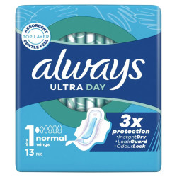 Paquet 13 serviettes Always Ultra Day Normal Ailettes protection jour prix discount Liège.