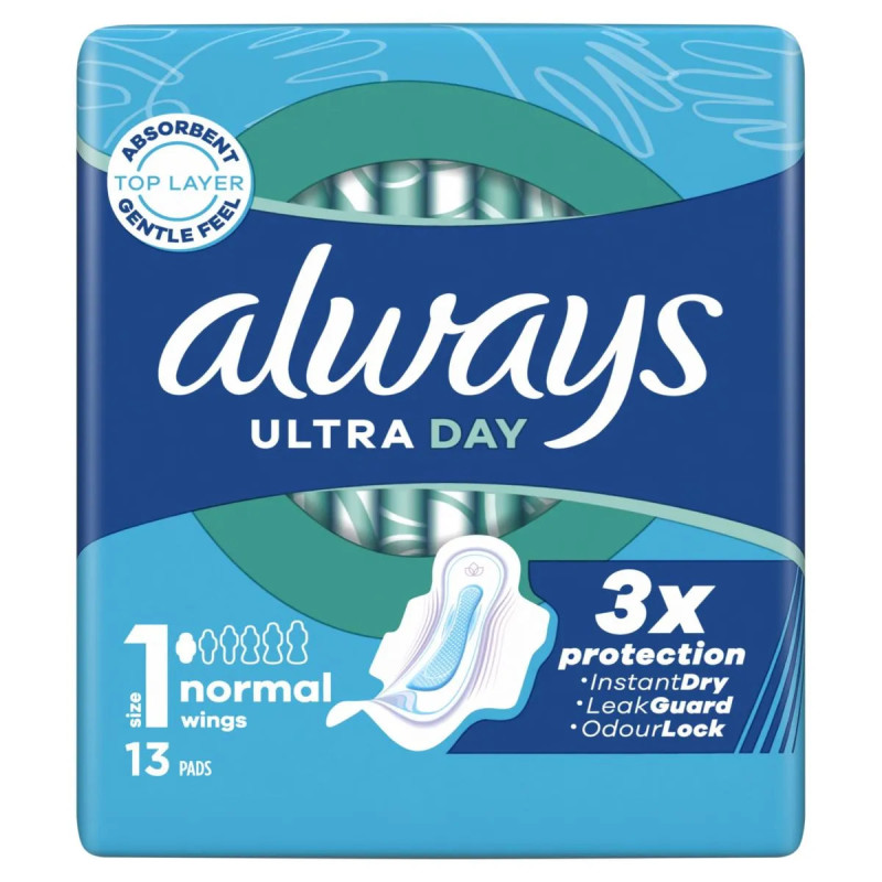 Paquet 13 serviettes Always Ultra Day Normal Ailettes protection jour prix discount Liège.