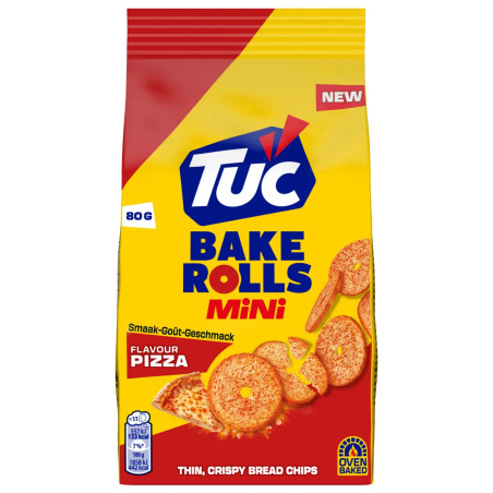 Sachet crackers LU Tuc Bake Rolls Mini Pizza 80g pain grillé épicé prix discount Liège.