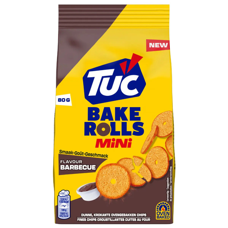 Sachet crackers LU Tuc Bake Rolls Mini Barbecue 80g pain grillé fumé prix discount Liège.