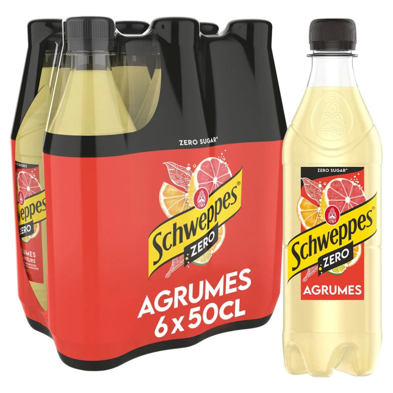 Pack 6 bouteilles 50cl Schweppes Agrumes Zéro boisson fruits sans sucres prix discount Liège.