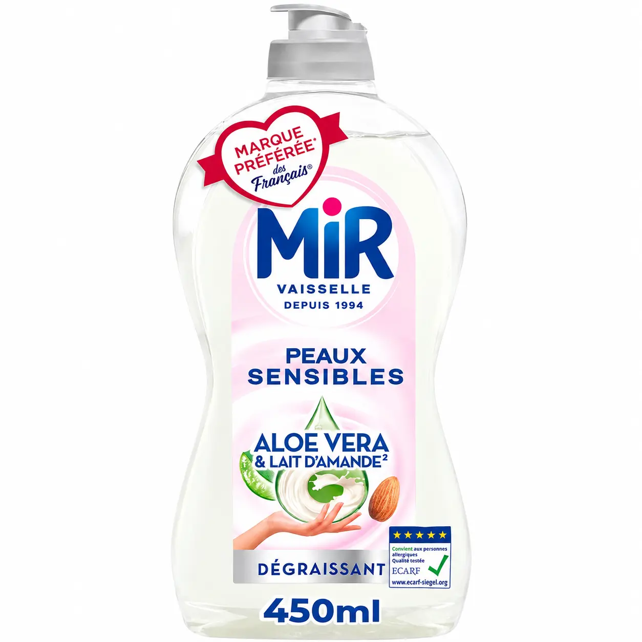 Mir Peaux Sensibles Aloe Vera & Lait d'Amande Liquide Vaisselle Dégraissant 450 Ml